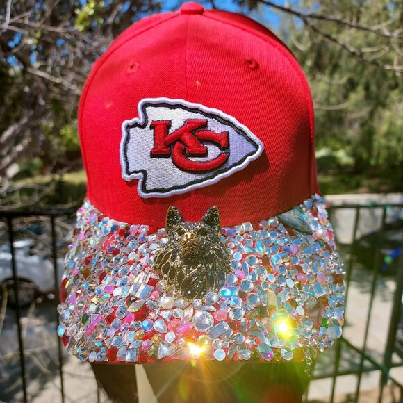 A Red Swarovski Crystal Kansas City Chiefs Hat W/Crystal WOLF Mascot main image 4